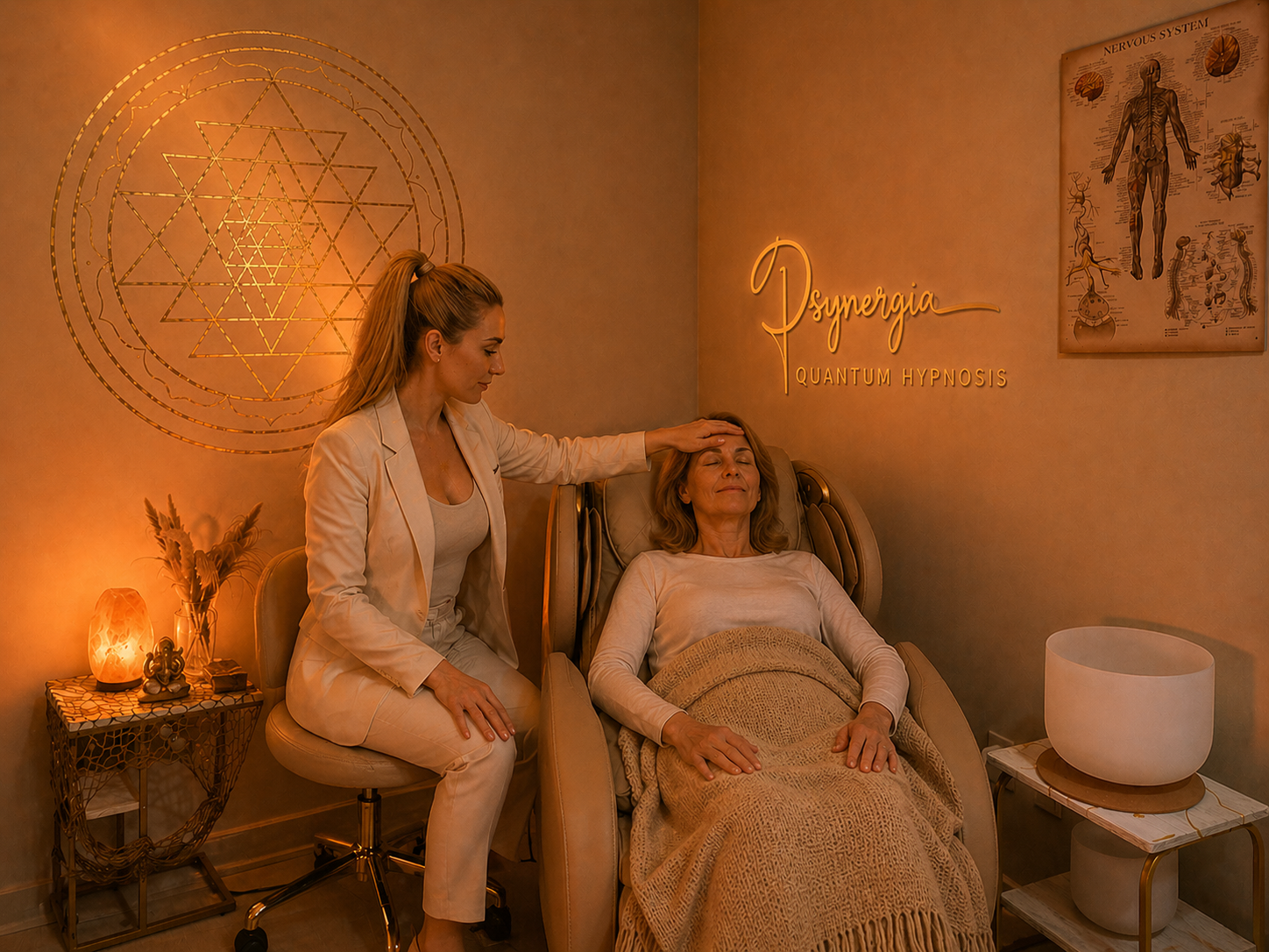 Saelyra seated beside a client in the Psynergia sanctuary