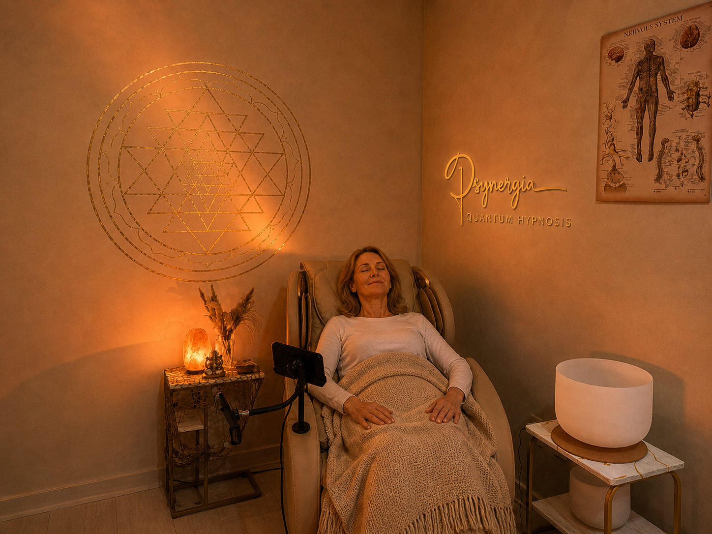 Saelyra guiding a reclining client through hypnosis in a warm, candlelit sanctuary